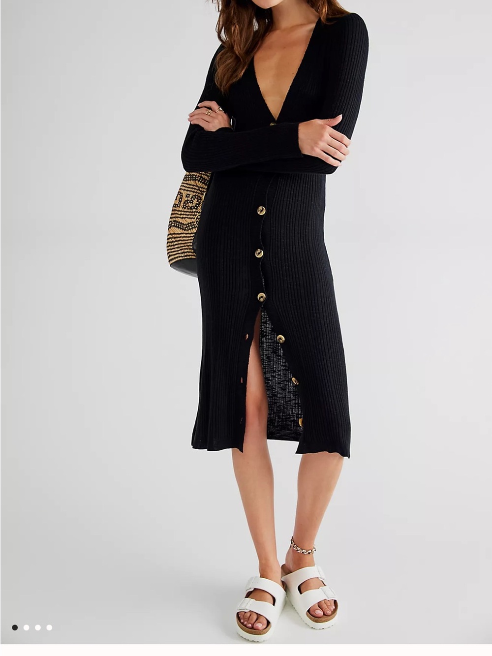 Free People Black Ribbed Midi Dress with Buttons Date Night Cardi
